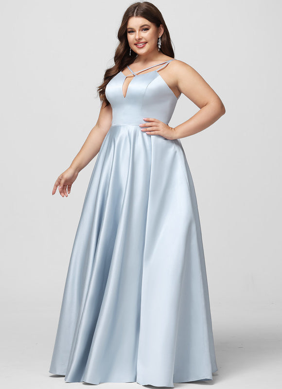 Robe Pastel Bleue Satin Trapèze Col V - gallery 6