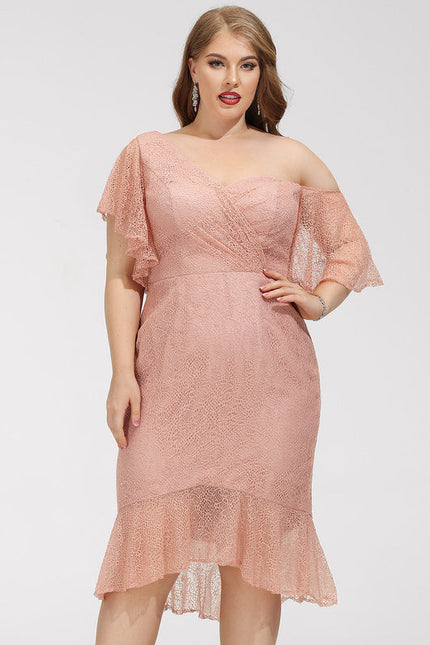 Robe Pastel Rose Décolleté Asymétrique Dentelle - gallery 7