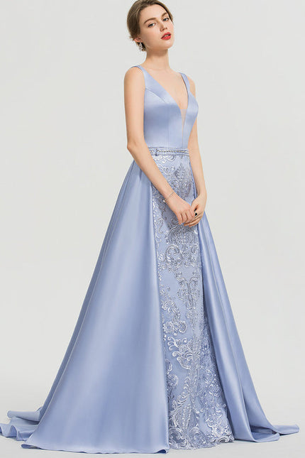 Robe Pastel Bleu Col V Traîne Dentelle - gallery 6