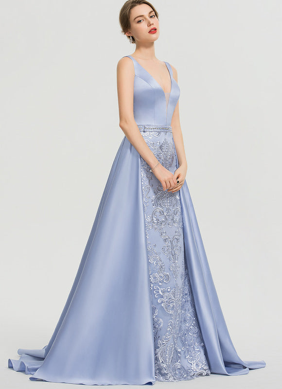 Robe Pastel Bleu Col V Traîne Dentelle - gallery 6