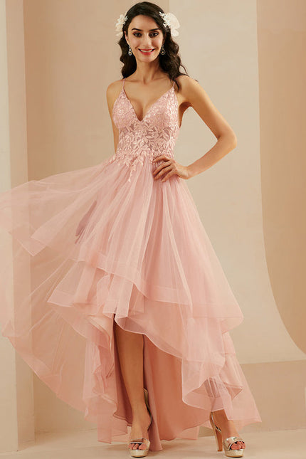 Robe Pastel Rose Col V Asymétrique Tulle - gallery 5
