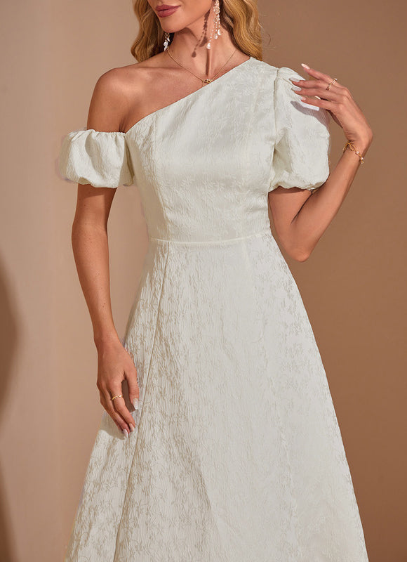 Robe Pastel Crème Décolleté Asymétrique Midi - gallery 2