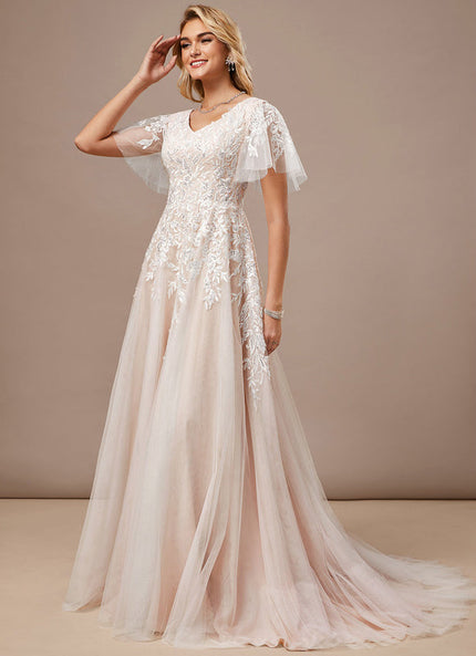 Robe Pastel Rose Traîne Tulle Dentelle