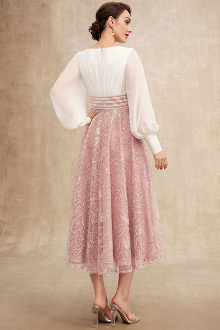Robe Pastel Rose Longueur Mollet Dentelle - gallery 6