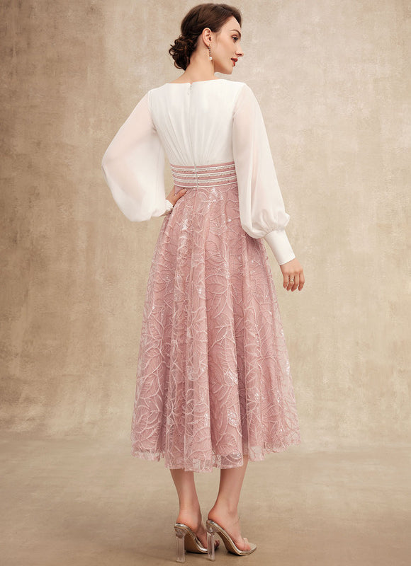 Robe Pastel Rose Longueur Mollet Dentelle - gallery 6