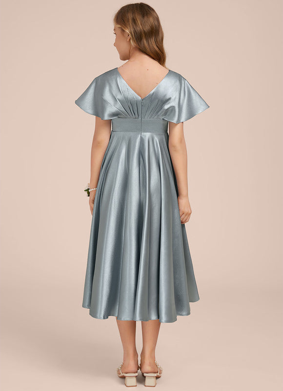 Robe Pastel Bleue Satin Trapèze Junior - gallery 1