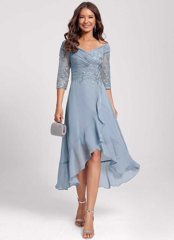 Robe Pastel Bleu Asymétrique Dentelle Élégante - gallery 1