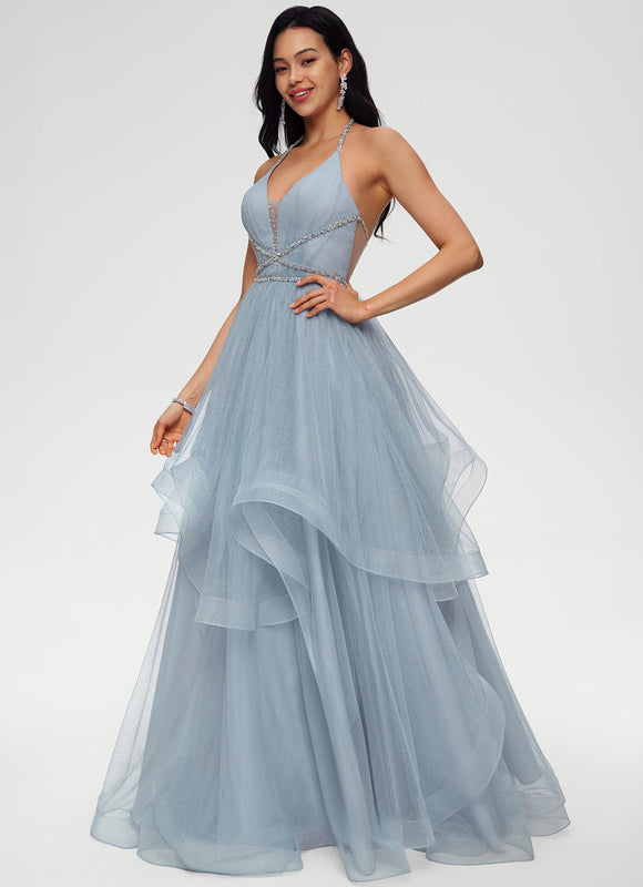 Robe Pastel Bleu Col V Tulle Bal - gallery 3