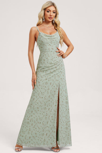 Robe Pastel Verte Décolletée Longueur Sol - gallery 2