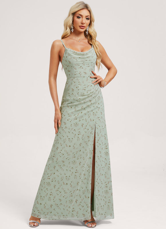 Robe Pastel Verte Décolletée Longueur Sol - gallery 2