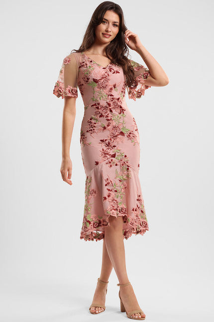 Robe Pastel Rose Col V Dentelle Florale - gallery 2