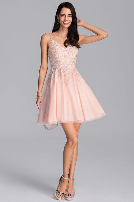Robe Pastel Rose Trapèze Col V Tulle - gallery 1