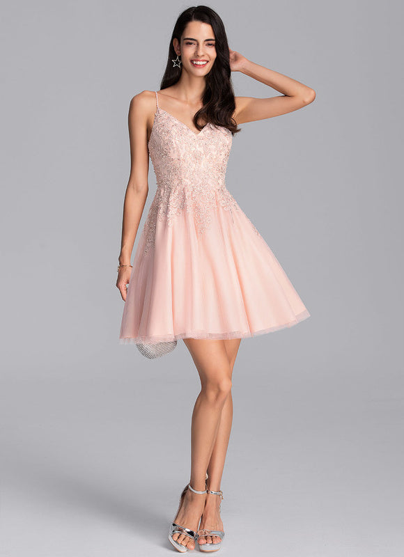 Robe Pastel Rose Trapèze Col V Tulle - gallery 1