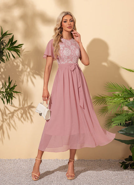 Robe Pastel Rose Col Rond Trapèze Midi