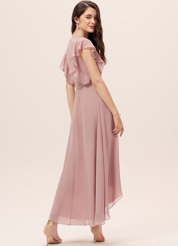 Robe Pastel Bleu Asymétrique Col V Volants - gallery 2