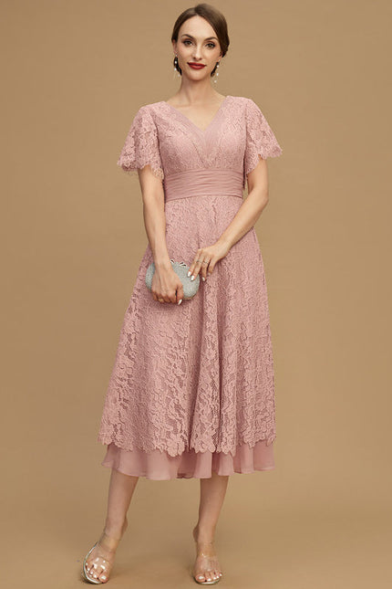 Robe Pastel Rose Col V Longueur Mollet