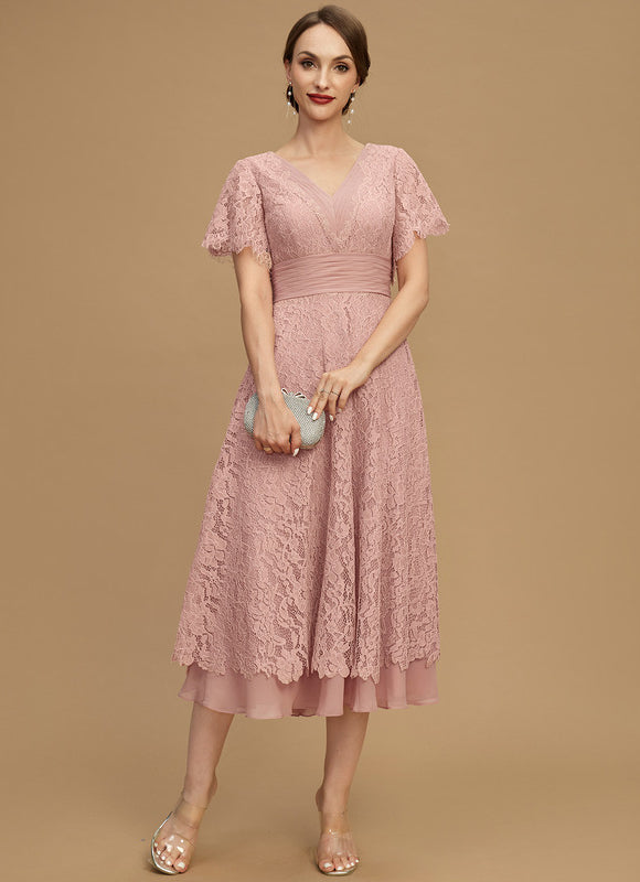 Robe Pastel Rose Col V Longueur Mollet