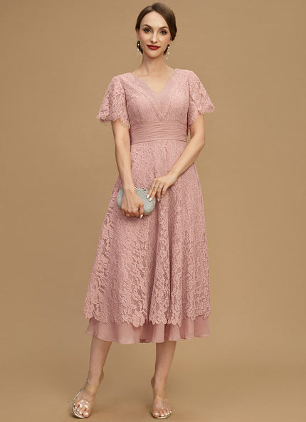Robe Pastel Rose Col V Longueur Mollet