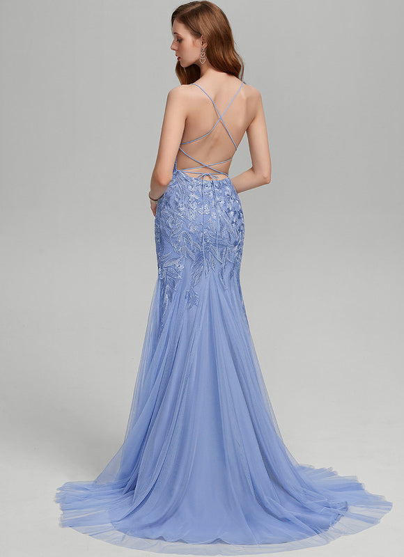 Robe Pastel Bleu Sirène Traîne Dentelle - gallery 1