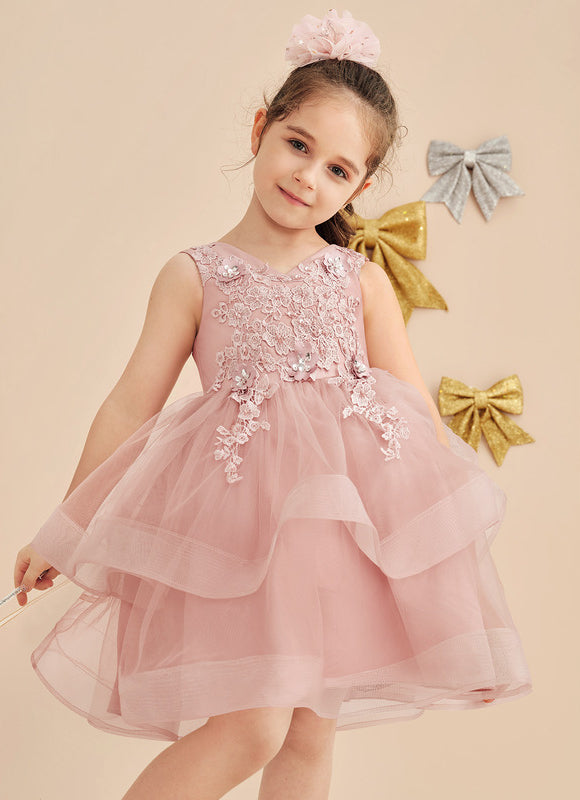 Robe Pastel Rose En Tulle Avec Dentelle - gallery 1