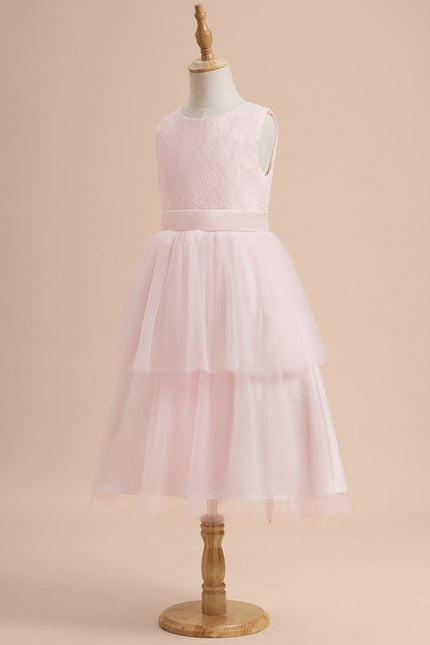 Robe Pastel Rose Col Rond Satin Tulle - gallery 5