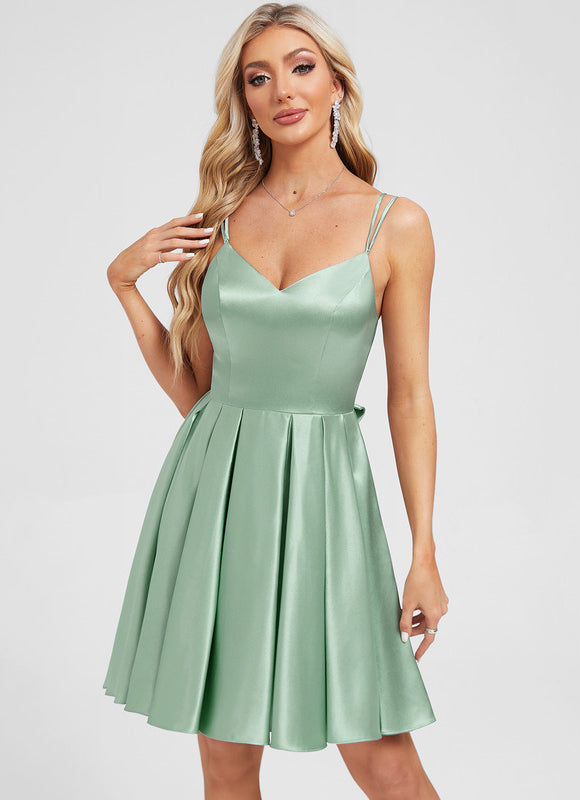 Robe Pastel Verte Satin Trapèze Avec Nœud - gallery 3