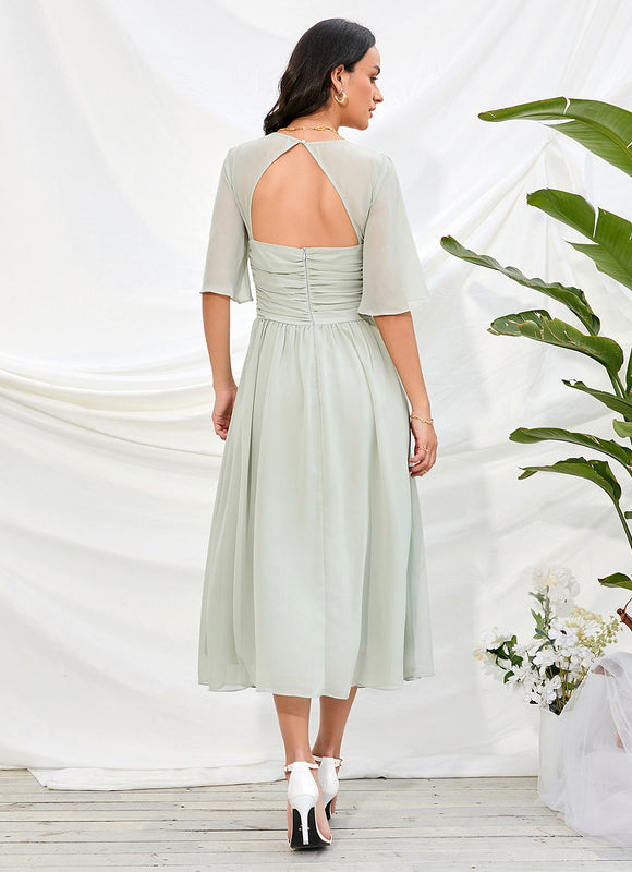 Robe Pastel Rose Col V Trapèze Midi - gallery 4