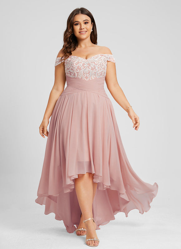 Robe Pastel Rose Asymétrique Dentelle Élégante - gallery 9