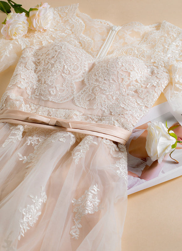 Robe Pastel Mariage Rose Poudré Dentelle - gallery 2