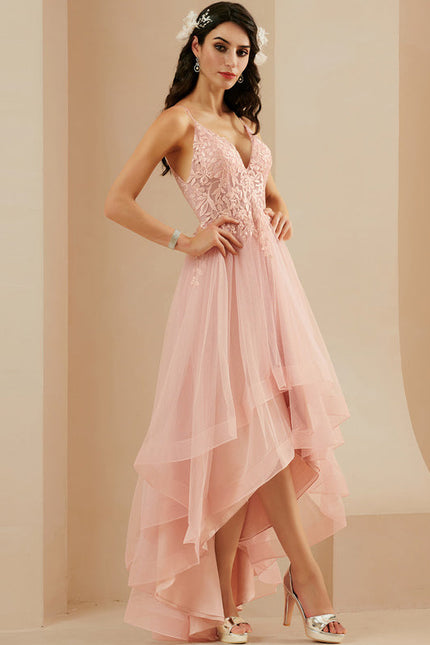 Robe Pastel Rose Col V Asymétrique Tulle - gallery 3