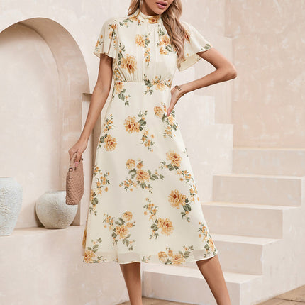Robe Pastel Beige Fleurs Col Montant