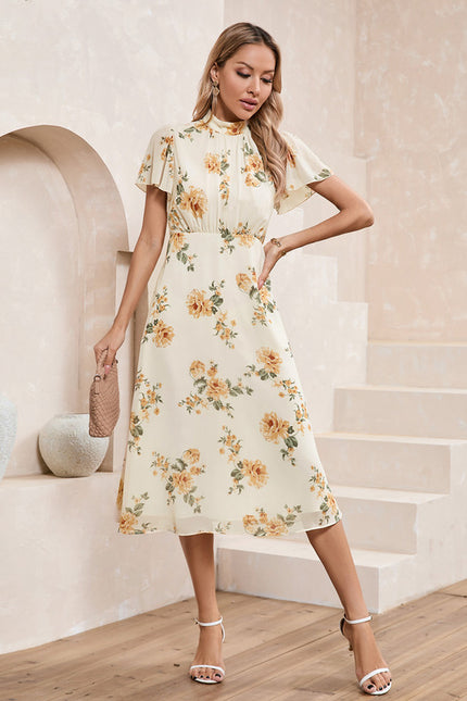Robe Pastel Beige Fleurs Col Montant