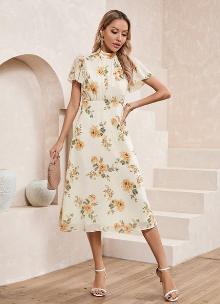 Robe Pastel Beige Fleurs Col Montant
