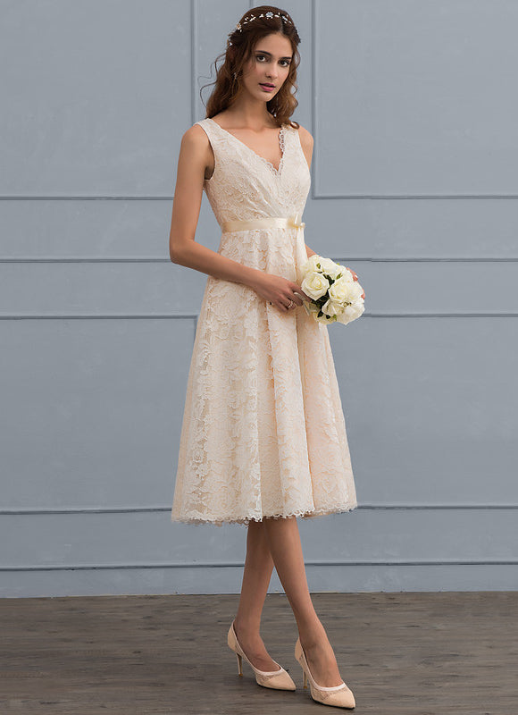 Robe Pastel Écru Dentelle Col V Trapèze - gallery 1