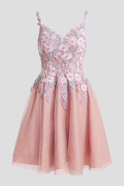 Robe Pastel Rose Col V Tulle Dentelle