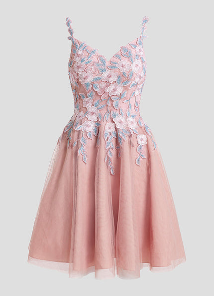 Robe Pastel Rose Col V Tulle Dentelle