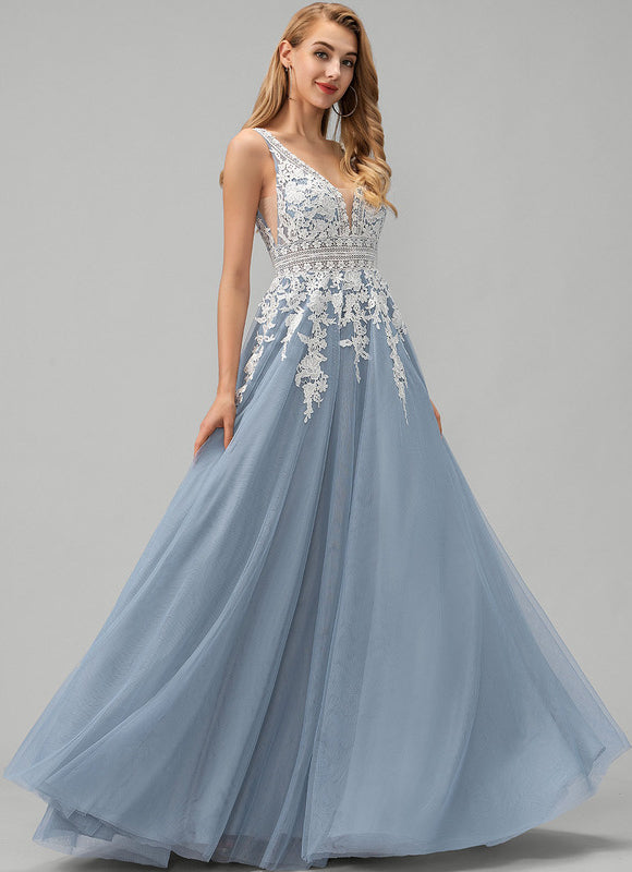 Robe Pastel Bleu Col V Tulle Longue