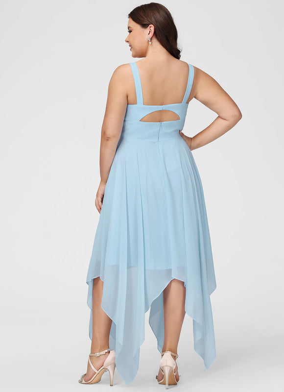 Robe Pastel Bleu Asymétrique Col V Volants - gallery 7