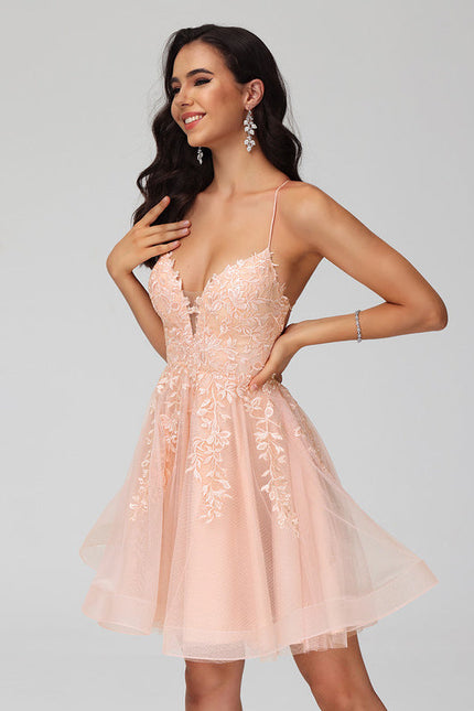 Robe Pastel Saumon Col V Tulle Fleurs - gallery 6
