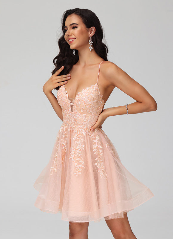 Robe Pastel Saumon Col V Tulle Fleurs - gallery 6