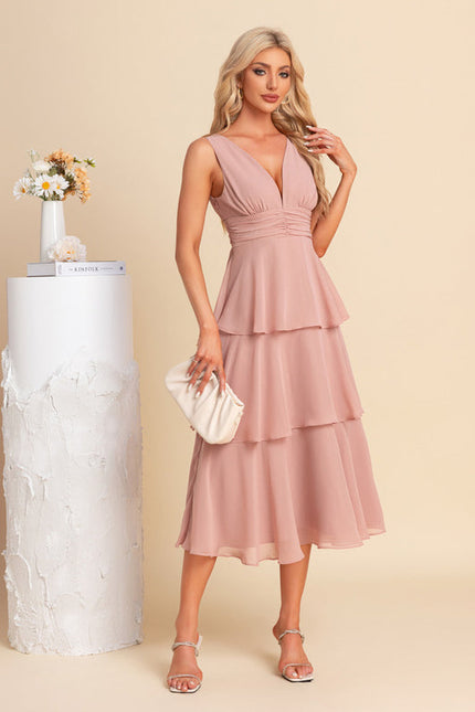 Robe Pastel Rose Col V Trapèze Midi - gallery 4
