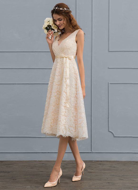 Robe Pastel Écru Dentelle Col V Trapèze - gallery 3