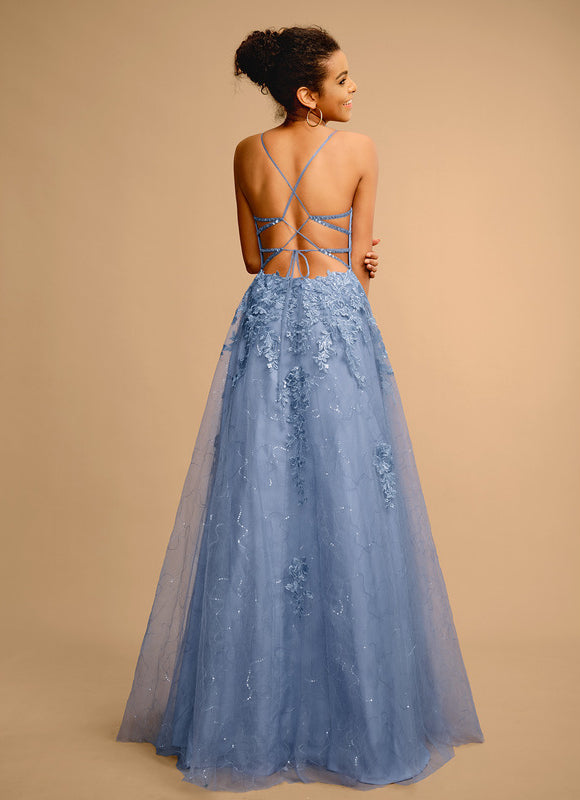 Robe Pastel Bleu Col Carré Tulle Paillettes - gallery 4