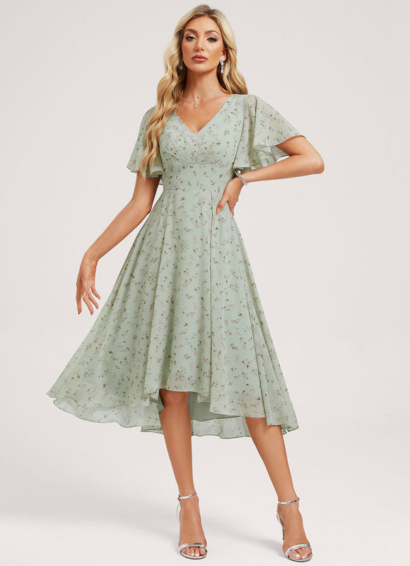Robe Pastel Bleu Asymétrique Col V Volants