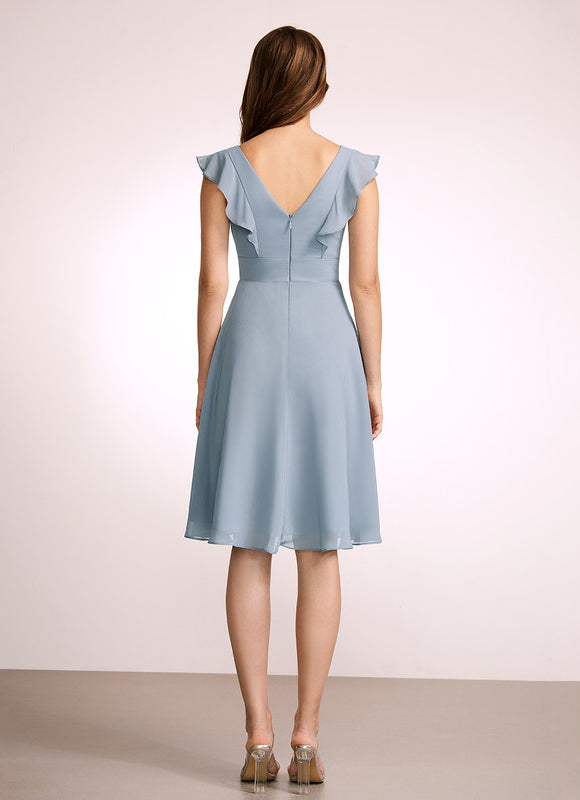Robe Pastel Bleu Col V Mousseline Volants - gallery 2