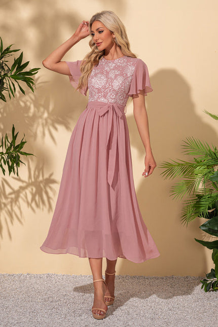 Robe Pastel Rose Col Rond Trapèze Midi - gallery 4