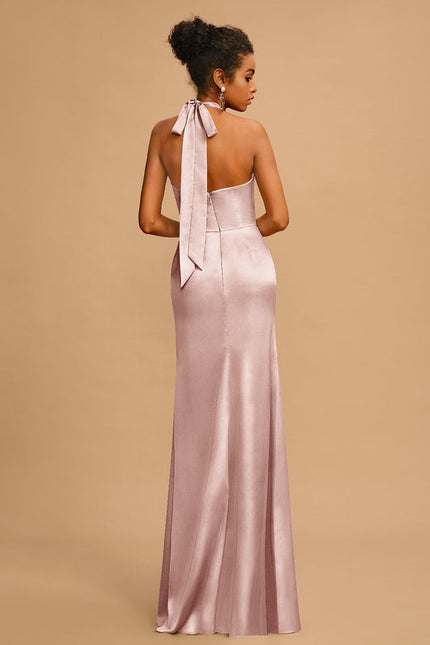 Robe Pastel Rose Satin Longue Avec Nœud - gallery 3