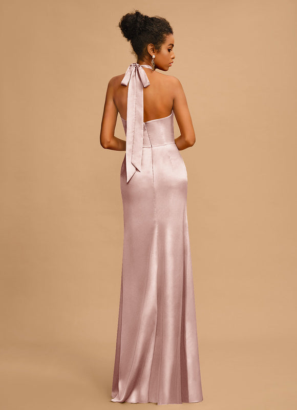 Robe Pastel Rose Satin Longue Avec Nœud - gallery 3
