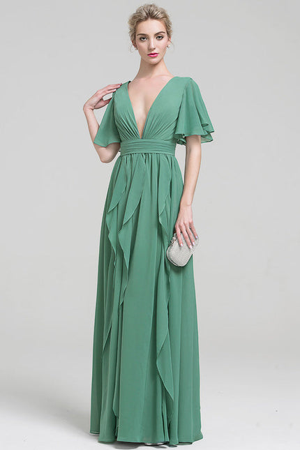Robe Pastel Verte Col V Fluide Volants - gallery 2