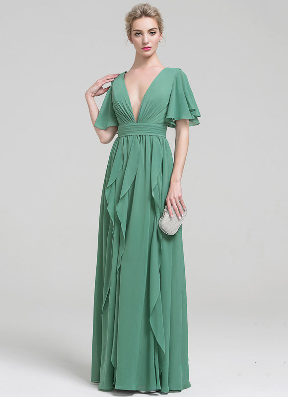 Robe Pastel Verte Col V Fluide Volants - gallery 2